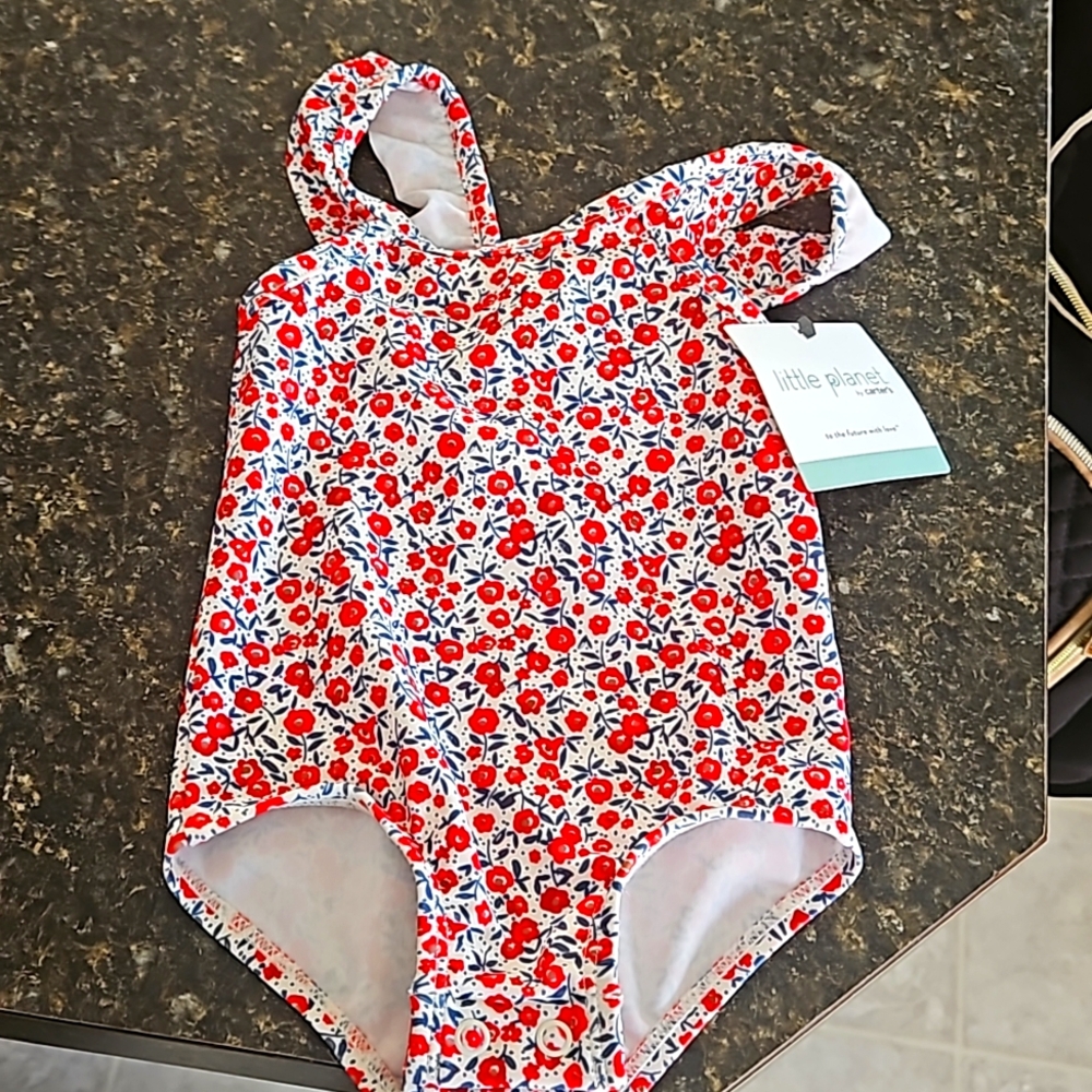 6m bathing suit blue white and red floral